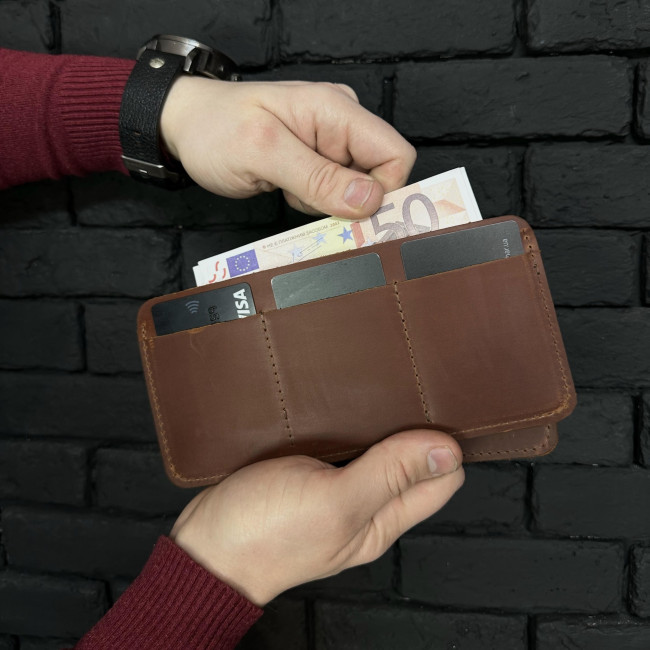 Чоловічий гаманець ручної роботи подвійного складання (крейзі) коньячний
