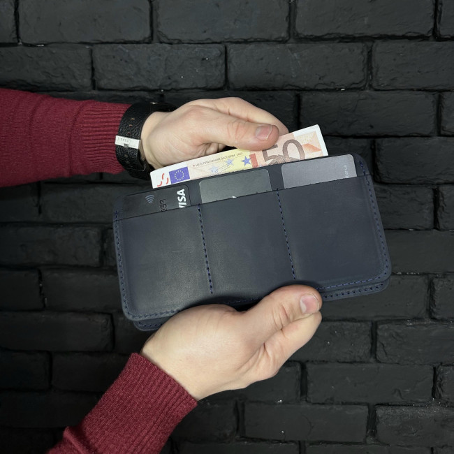 Чоловічий гаманець ручної роботи подвійного складання (крейзі) синій