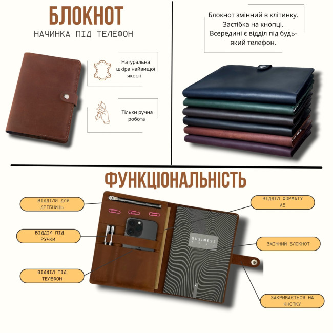 Шкіряний блокнот під телефон формат А5 (кнопка) (кайзер) зелений