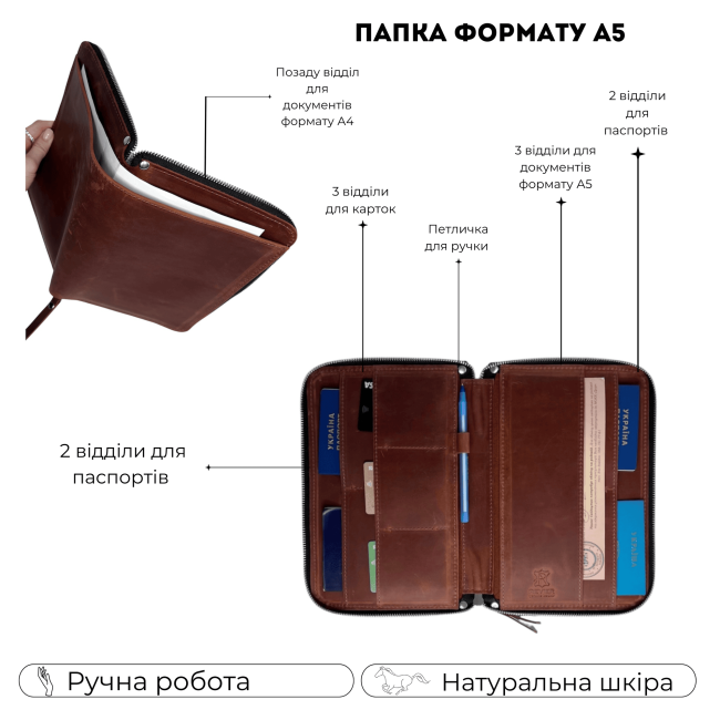 Папка для документів A5 шкіра (крейзі) коньячний