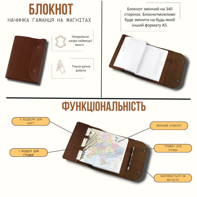 Шкіряний блокнот ручної роботи А5 (на магнітах) Чорний с гравировкой