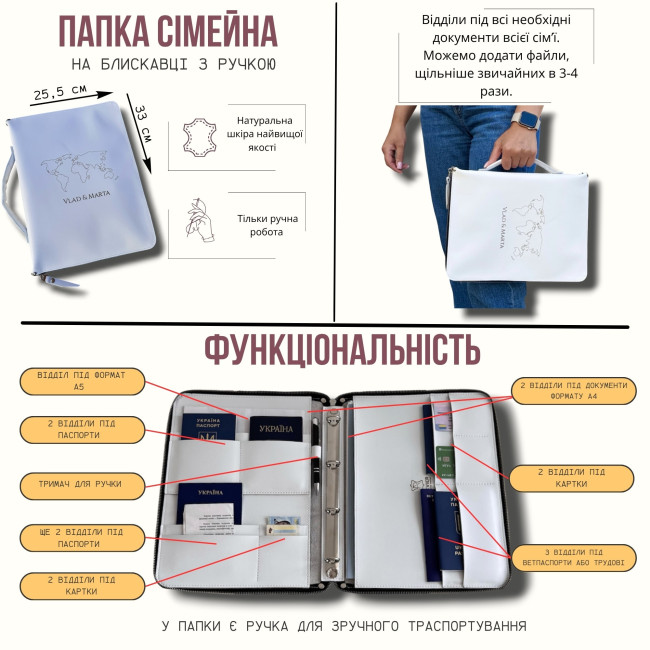 Папка для семейных документов на молнии А4 с ручкой КОЖА красная