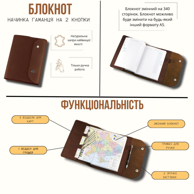 Шкіряний блокнот ручної роботи А5 (на 2 кнопках) (крейзі) Хакі