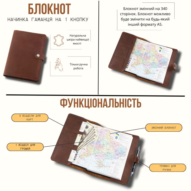 Шкіряний блокнот ручної роботи А5 (кнопка) (кайзер) Чорний